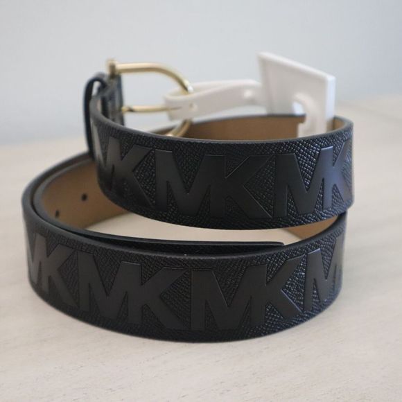 Michael Kors 29556187C 001 Women's Sz S Black Leather Textured MK Logo Belt - Picture 4 of 8